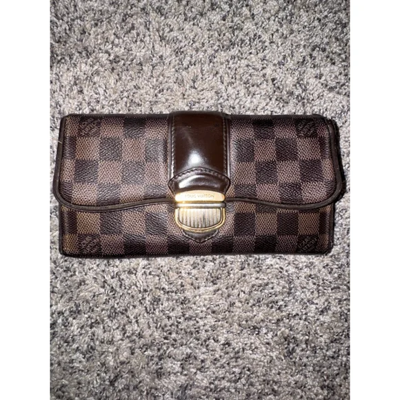 Louis Vuitton Damier Ebene Long Wallet Push Lock Clutch Style Brown Checkered - Picture 2 of 16
